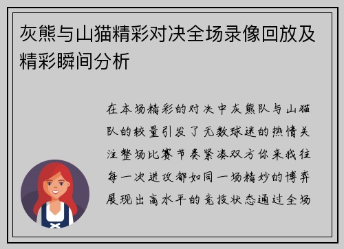 灰熊与山猫精彩对决全场录像回放及精彩瞬间分析